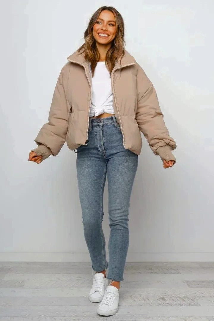 Cropped Puffer Jacket with Wide Foldover Collar - Khaki