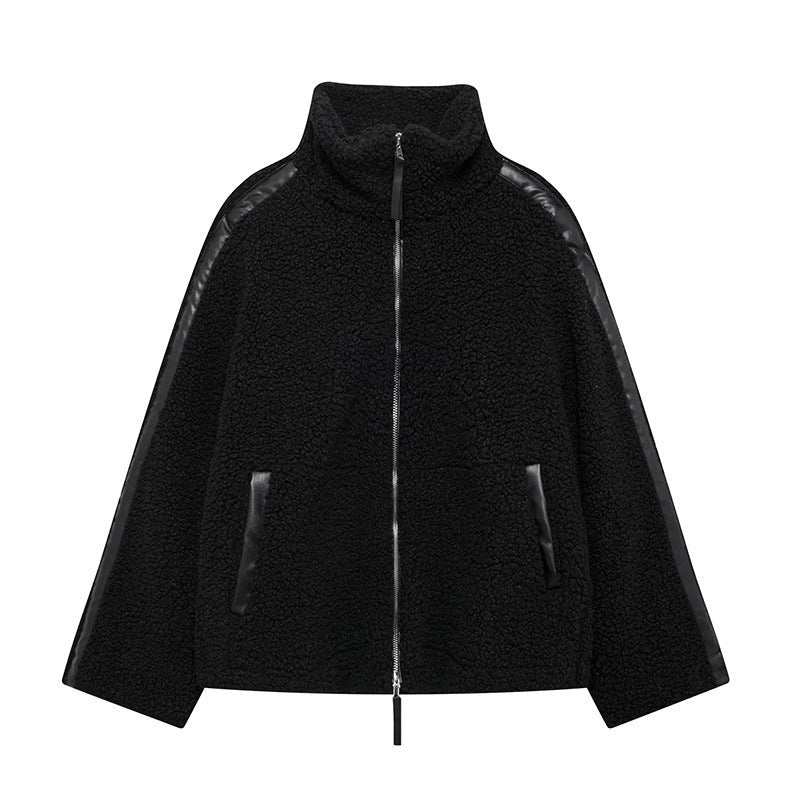 Zip-Up Teddy Jacket with Striped Shoulder Detail - Black
