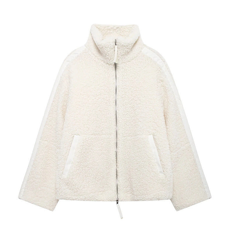 Zip-Up Teddy Jacket with Striped Shoulder Detail - White