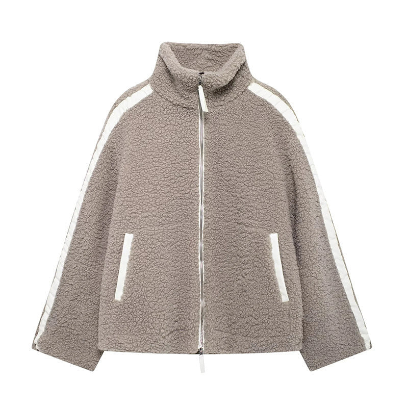 Zip-Up Teddy Jacket with Striped Shoulder Detail - Taupe