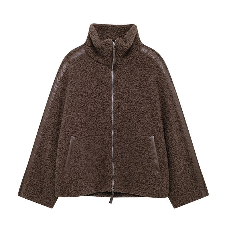 Zip-Up Teddy Jacket with Striped Shoulder Detail - Brown