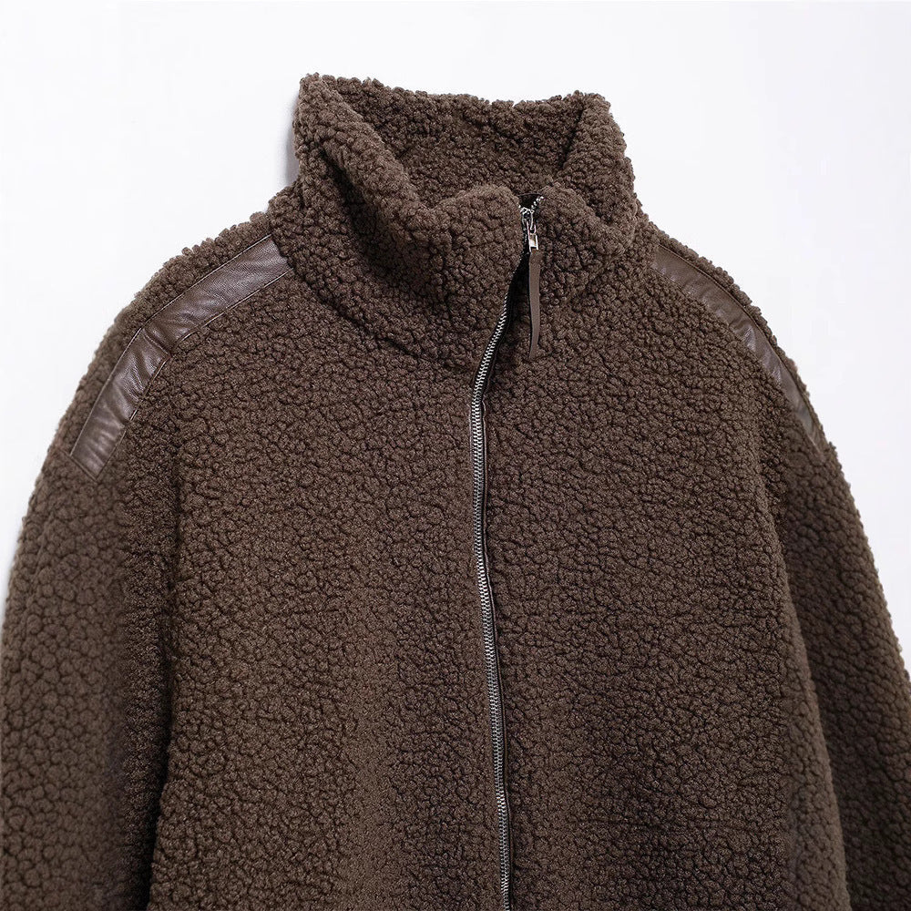 Zip-Up Teddy Jacket with Striped Shoulder Detail - Brown