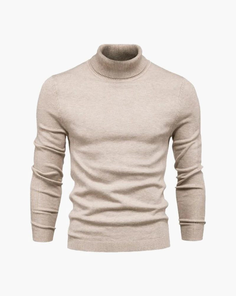 Fine-Knit Roll-Neck Jumper with Ribbed Cuffs - Beige