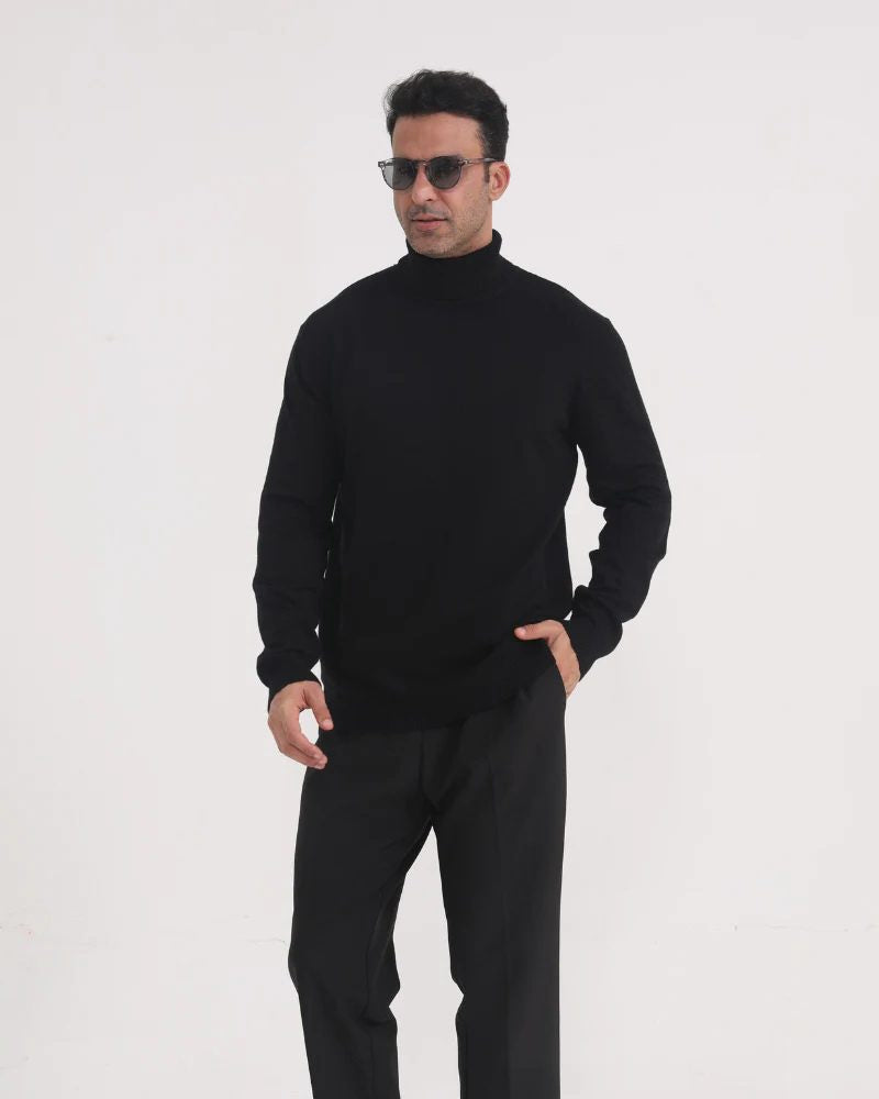 Fine-Knit Roll-Neck Jumper with Ribbed Cuffs - Black