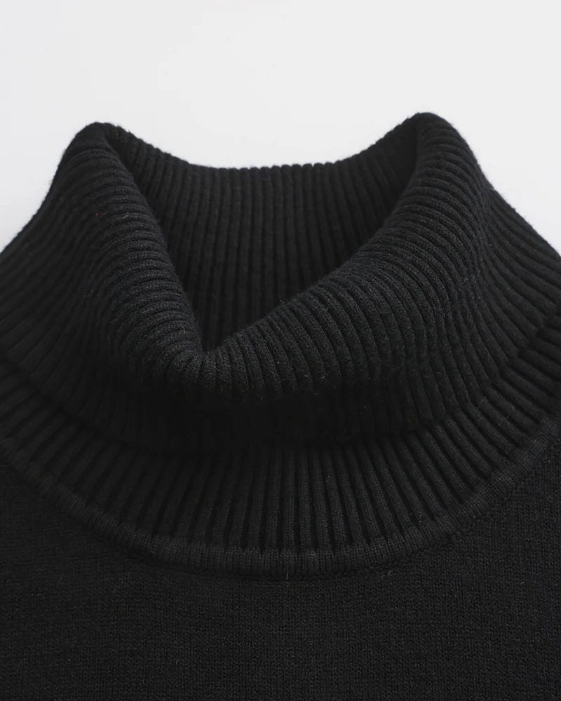 Fine-Knit Roll-Neck Jumper with Ribbed Cuffs - Black