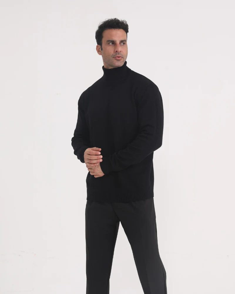 Fine-Knit Roll-Neck Jumper with Ribbed Cuffs - Black