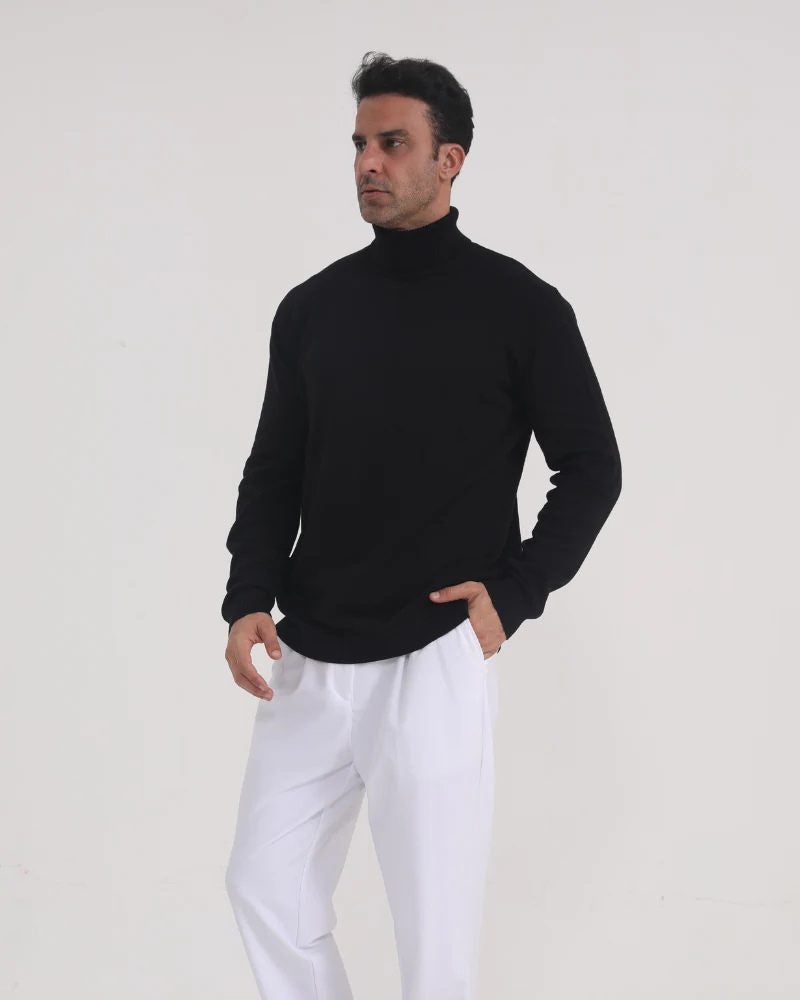 Fine-Knit Roll-Neck Jumper with Ribbed Cuffs - Black