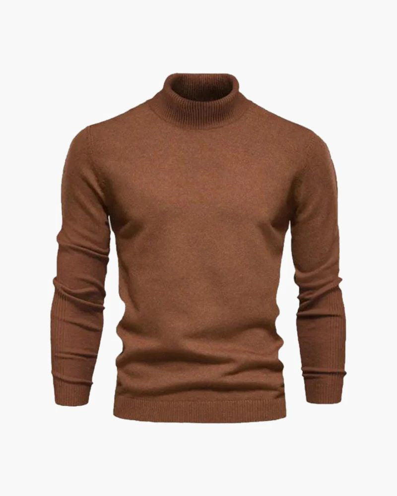 Fine-Knit Roll-Neck Jumper with Ribbed Cuffs - Brown