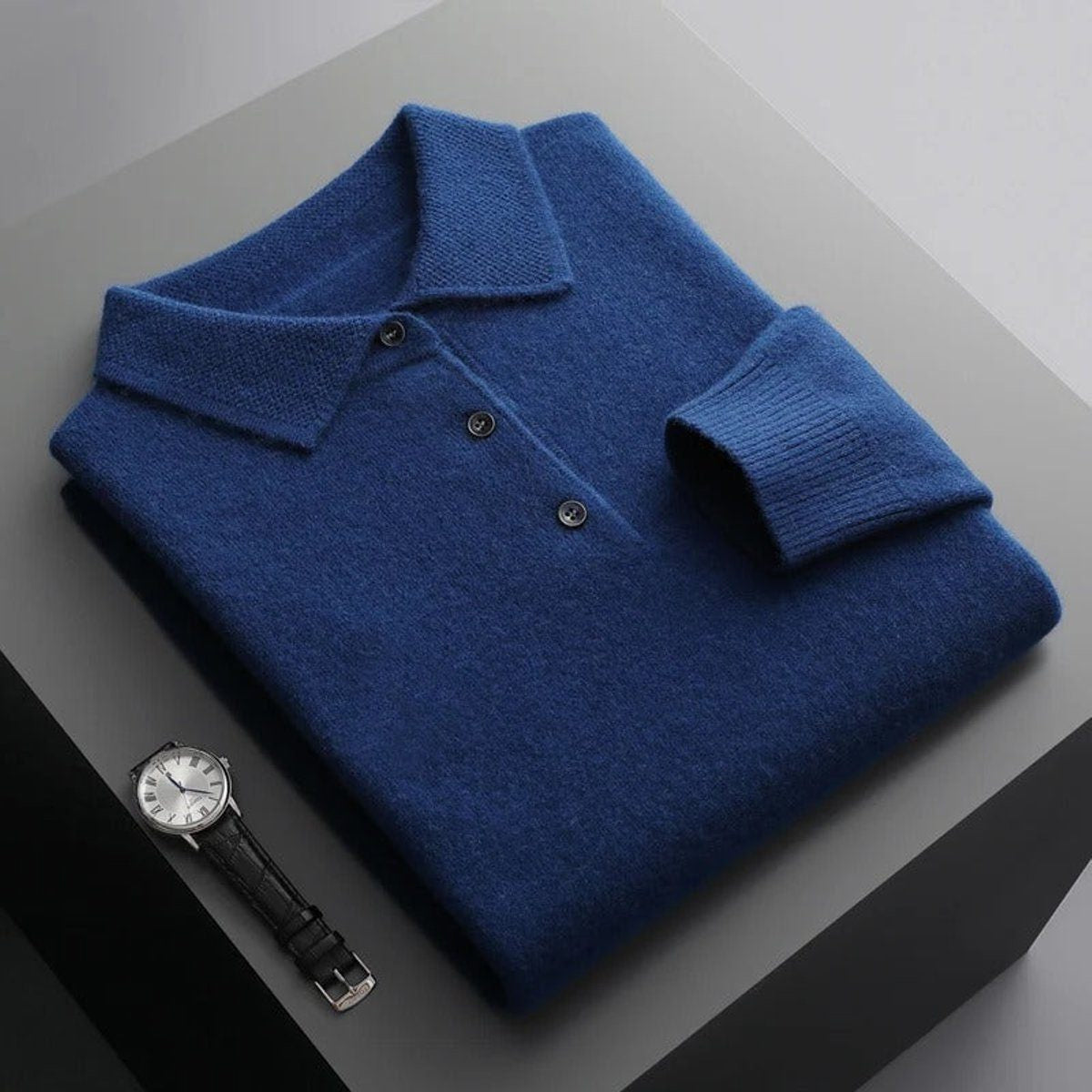 Long-Sleeve Polo-Collar Knit Jumper - Navy
