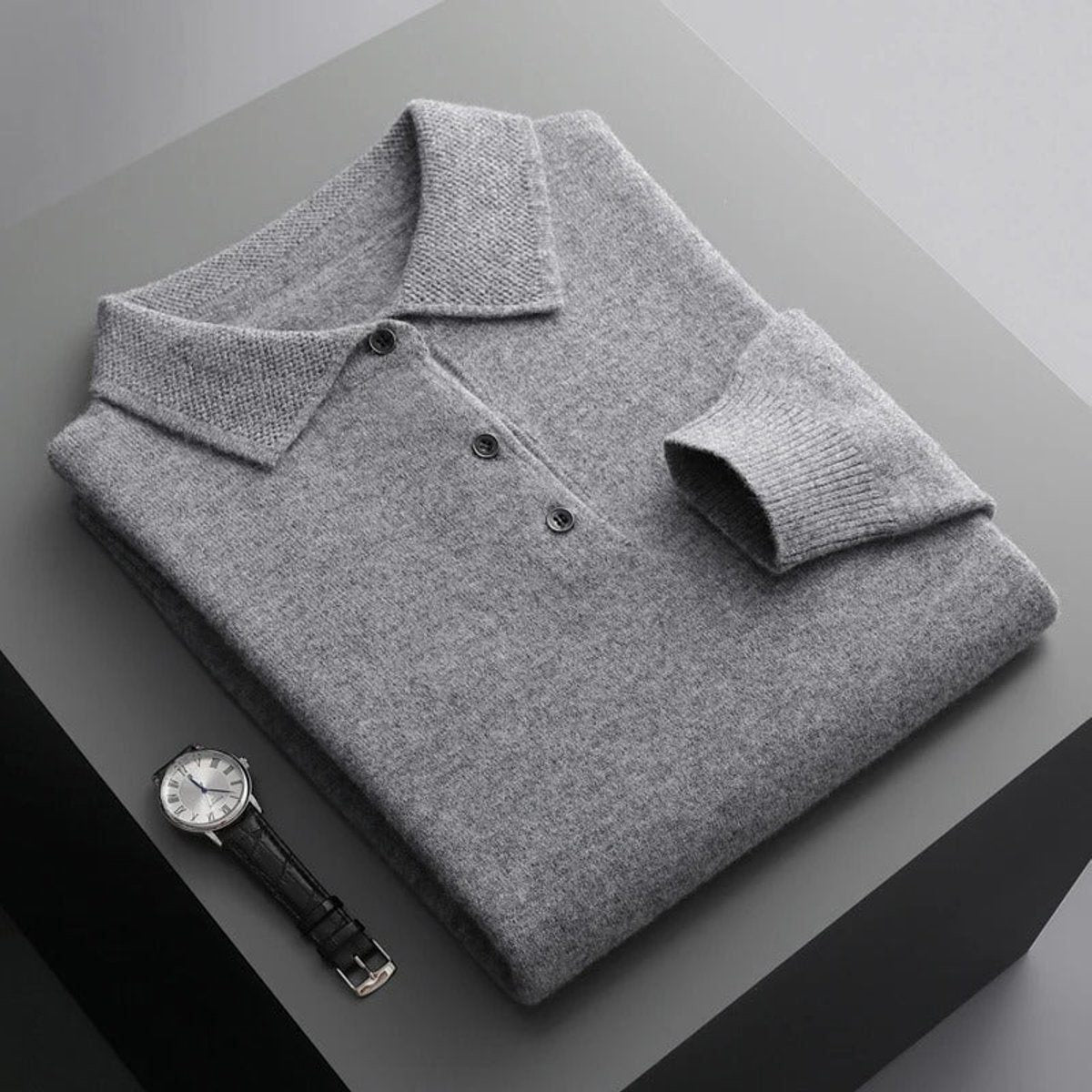Long-Sleeve Polo-Collar Knit Jumper - Grey