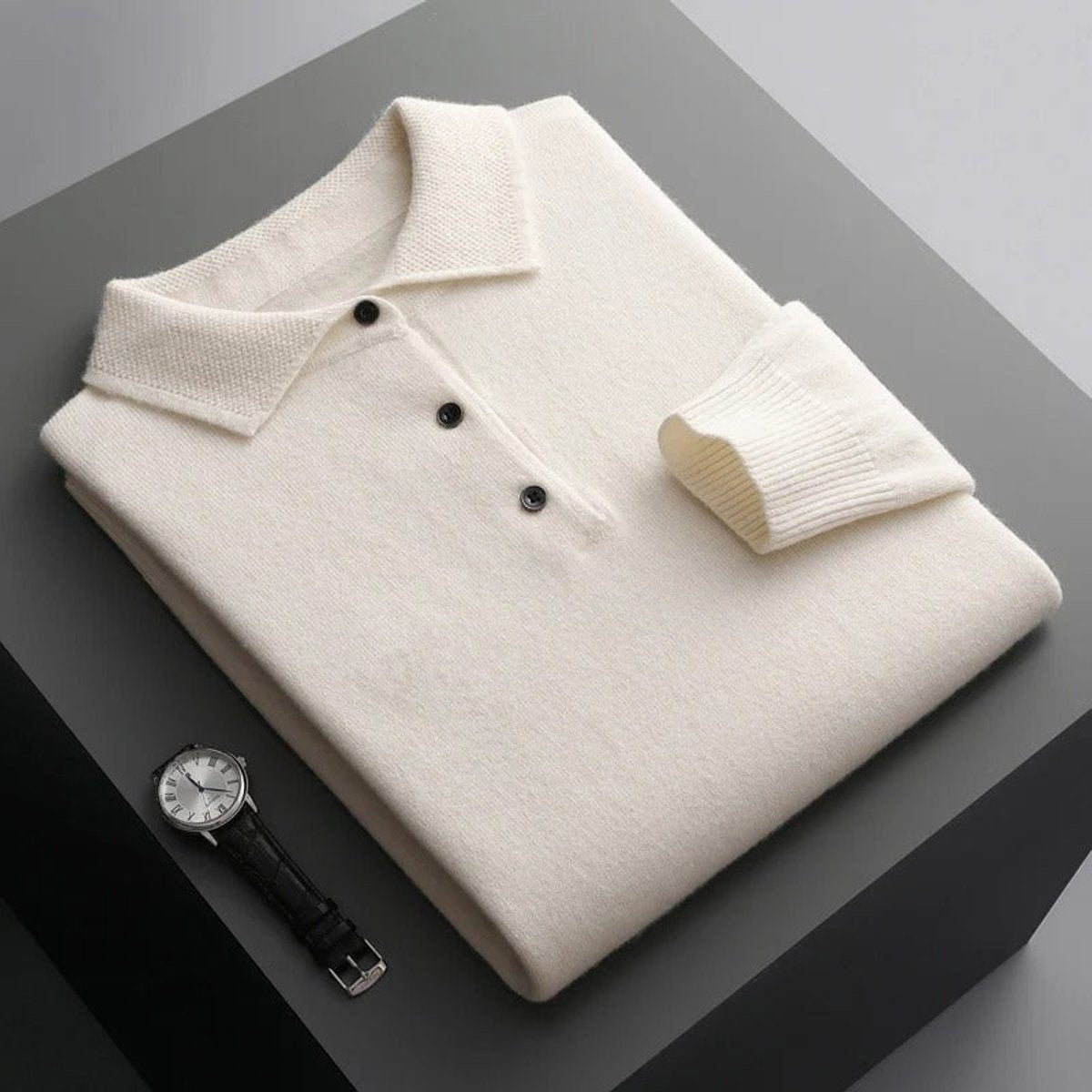 Long-Sleeve Polo-Collar Knit Jumper - White
