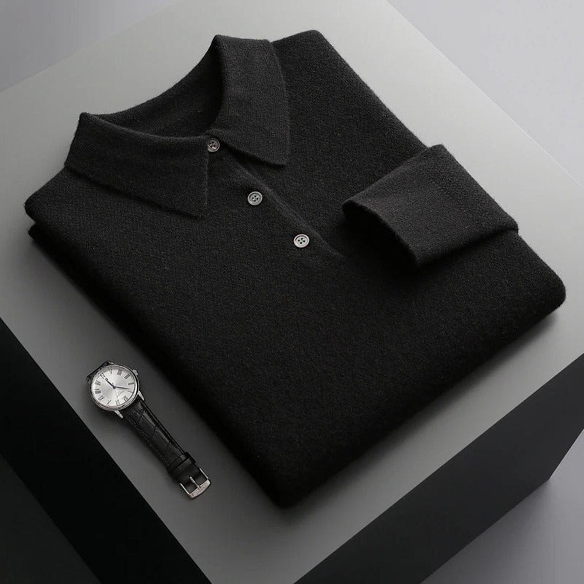 Long-Sleeve Polo-Collar Knit Jumper - Black