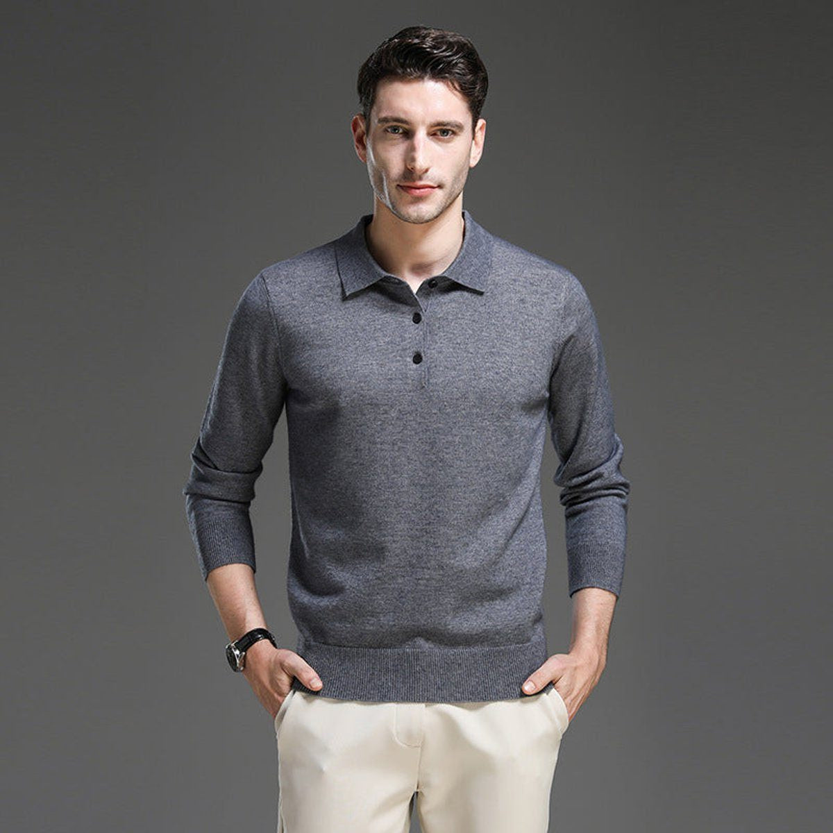 Long-Sleeve Polo-Collar Knit Jumper - Grey