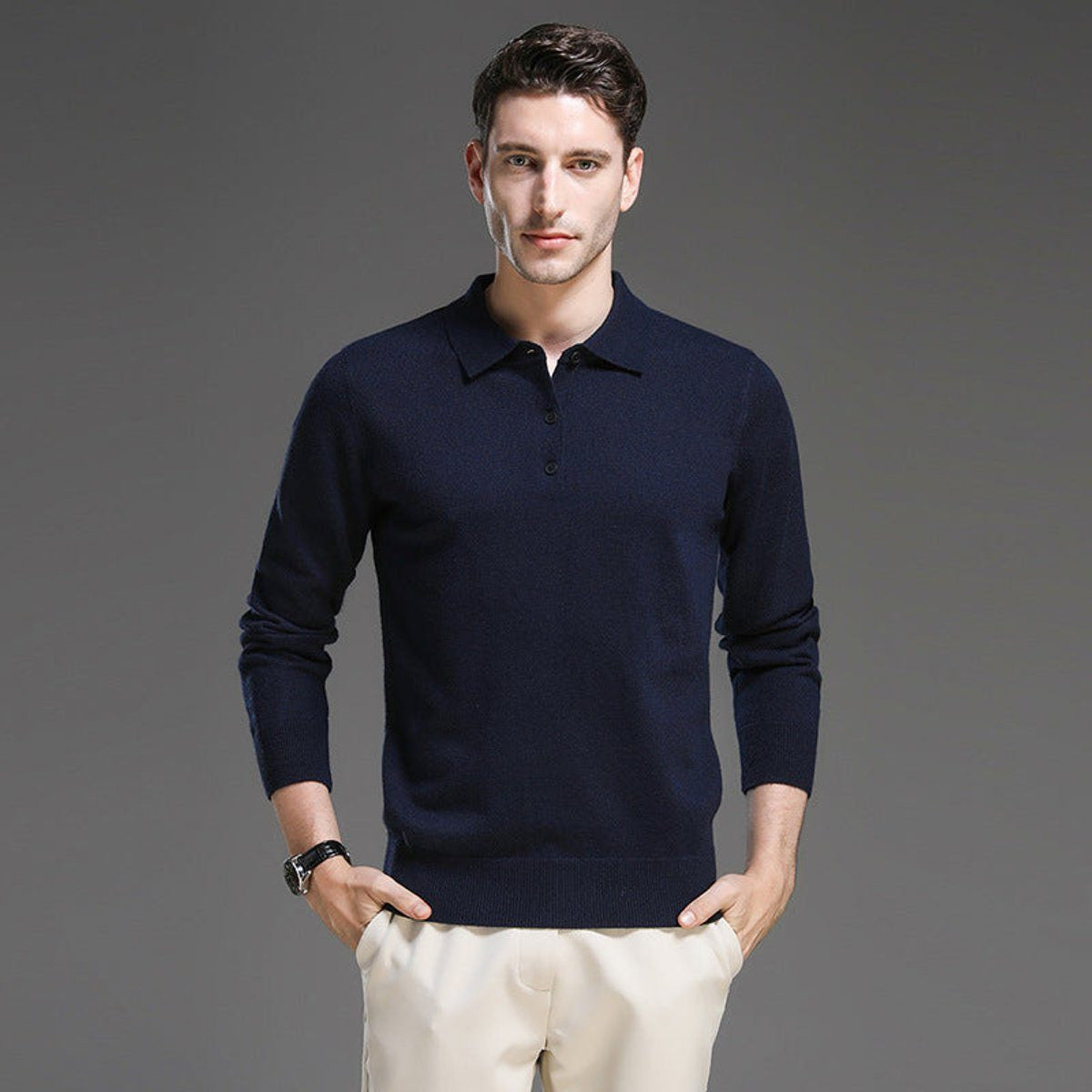 Long-Sleeve Polo-Collar Knit Jumper - Navy