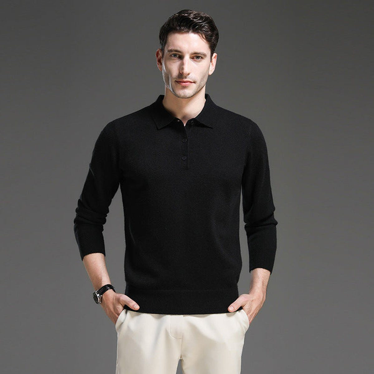 Long-Sleeve Polo-Collar Knit Jumper - Black