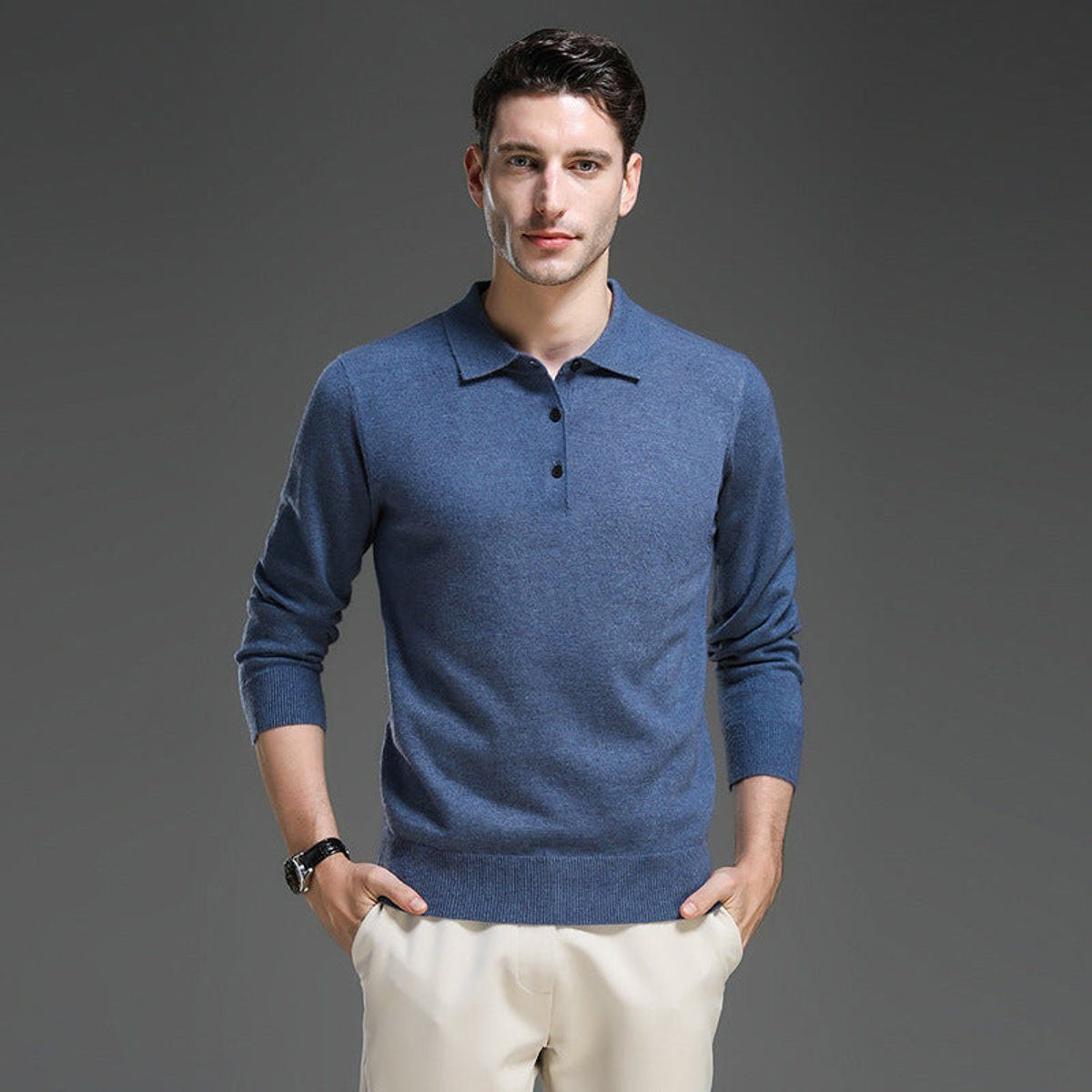 Long-Sleeve Polo-Collar Knit Jumper - Blue