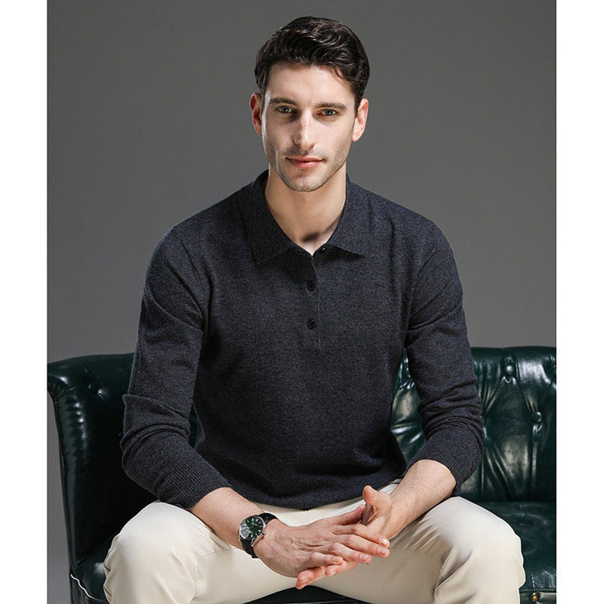 Long-Sleeve Polo-Collar Knit Jumper - Black