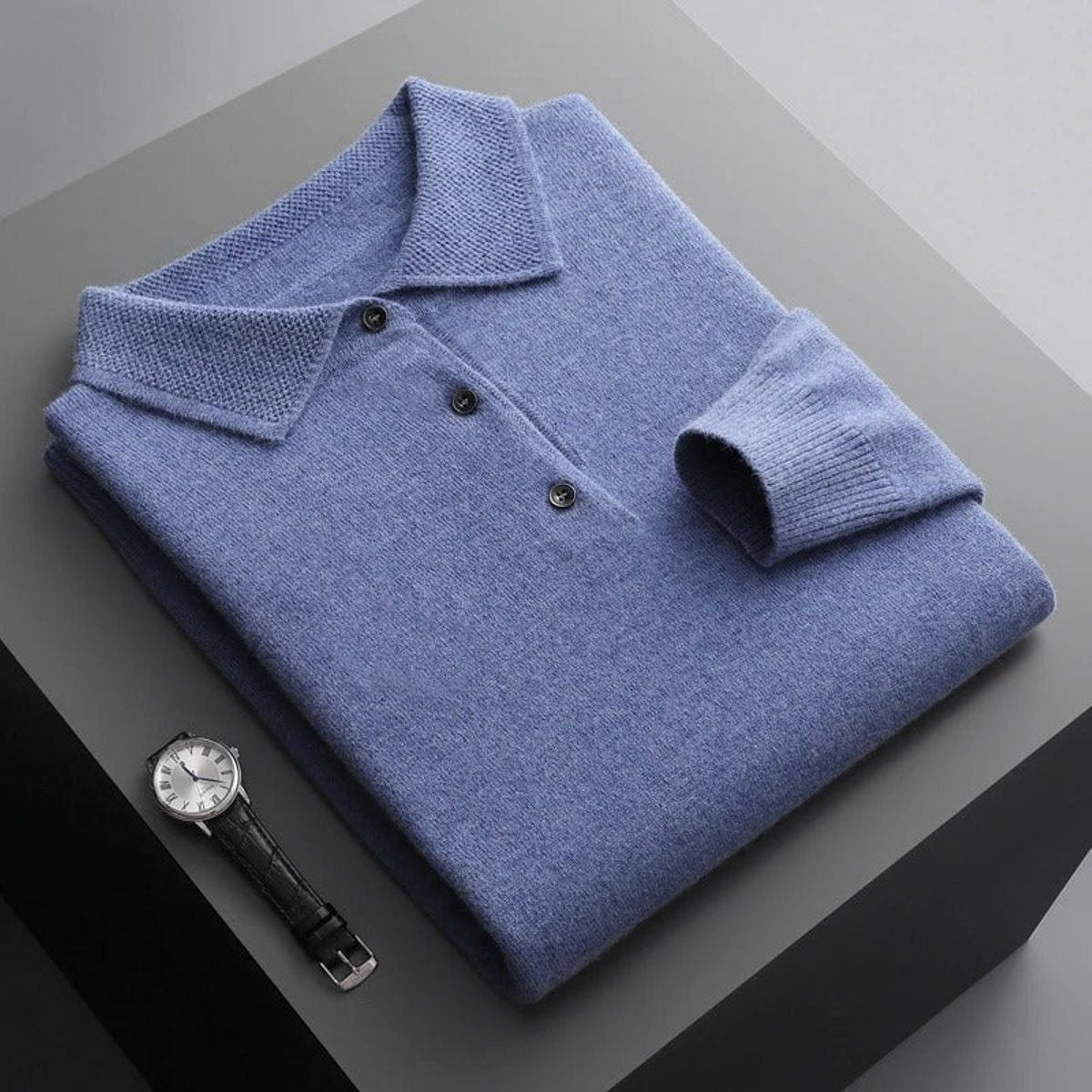 Long-Sleeve Polo-Collar Knit Jumper - Blue