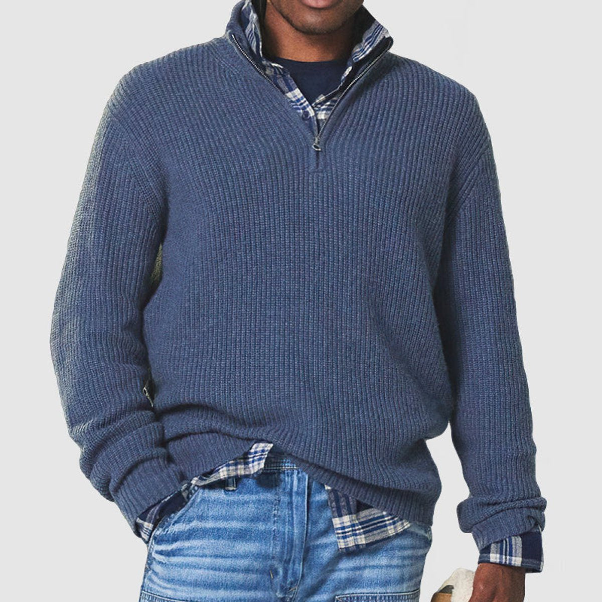Textured Rib-Knit Quarter-Zip Jumper - Blue