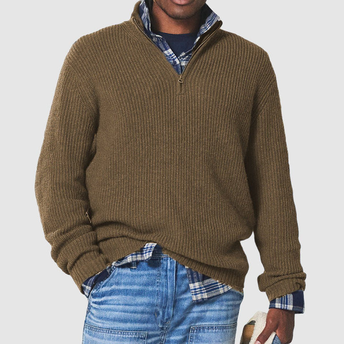 Textured Rib-Knit Quarter-Zip Jumper - Brown