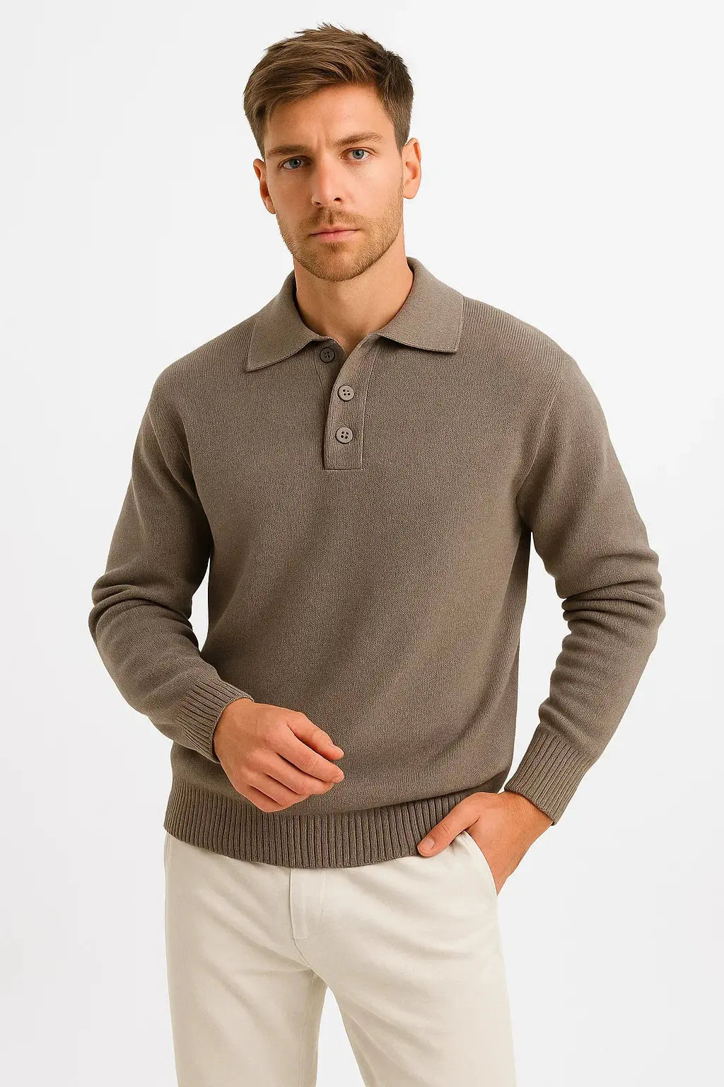 Ribbed Knit Polo Jumper with Structured Collar - Coffee