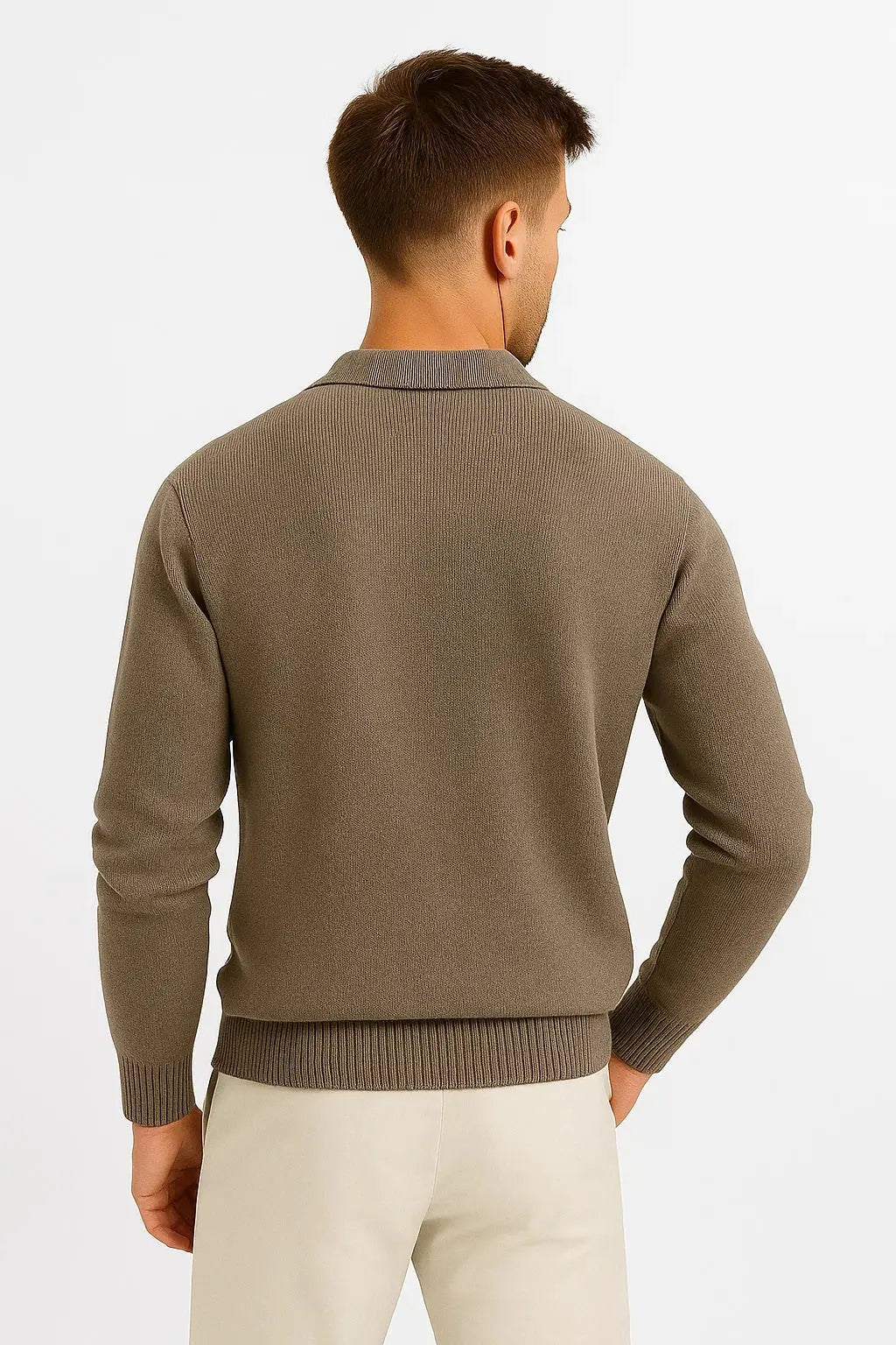 Ribbed Knit Polo Jumper with Structured Collar - Coffee