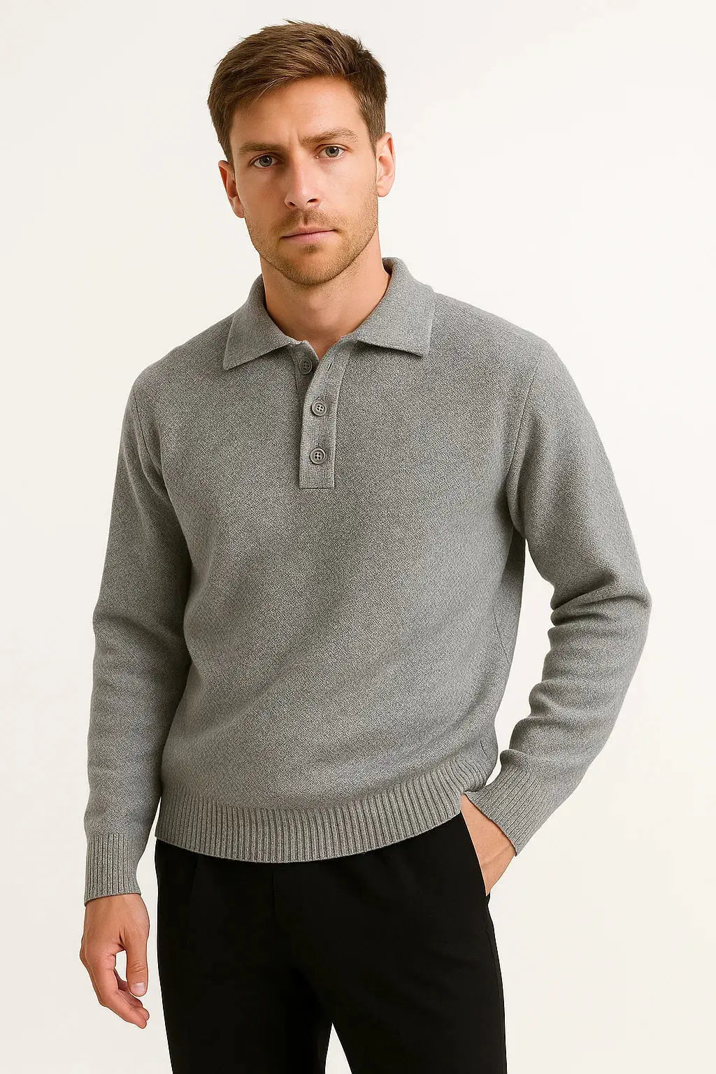 Ribbed Knit Polo Jumper with Structured Collar - Grey