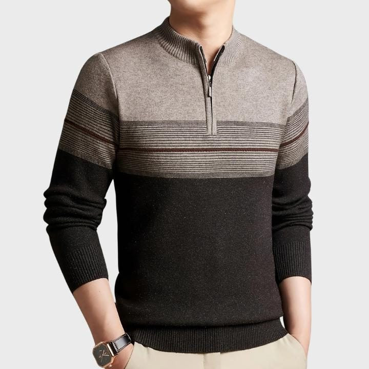 Striped Quarter-Zip Knit Jumper - Coffee
