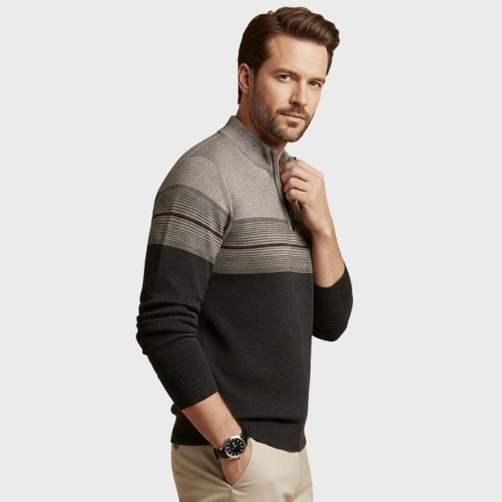Striped Quarter-Zip Knit Jumper - Coffee