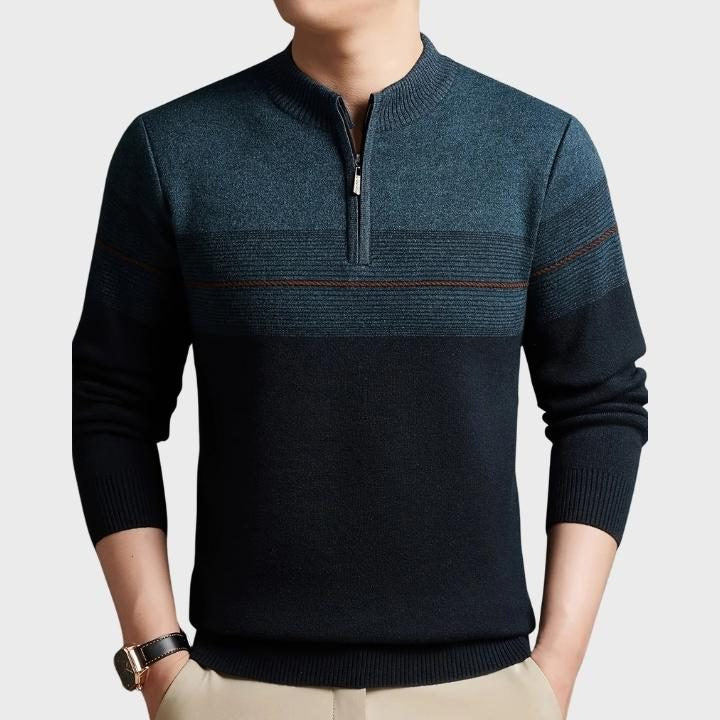 Striped Quarter-Zip Knit Jumper - Blue