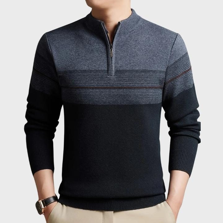 Striped Quarter-Zip Knit Jumper - Grey