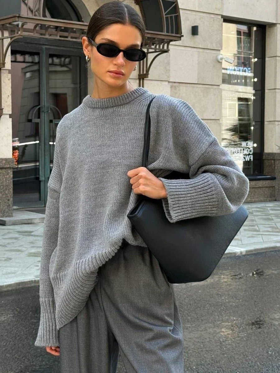 Oversized Crew-Neck Ribbed Jumper - Grey