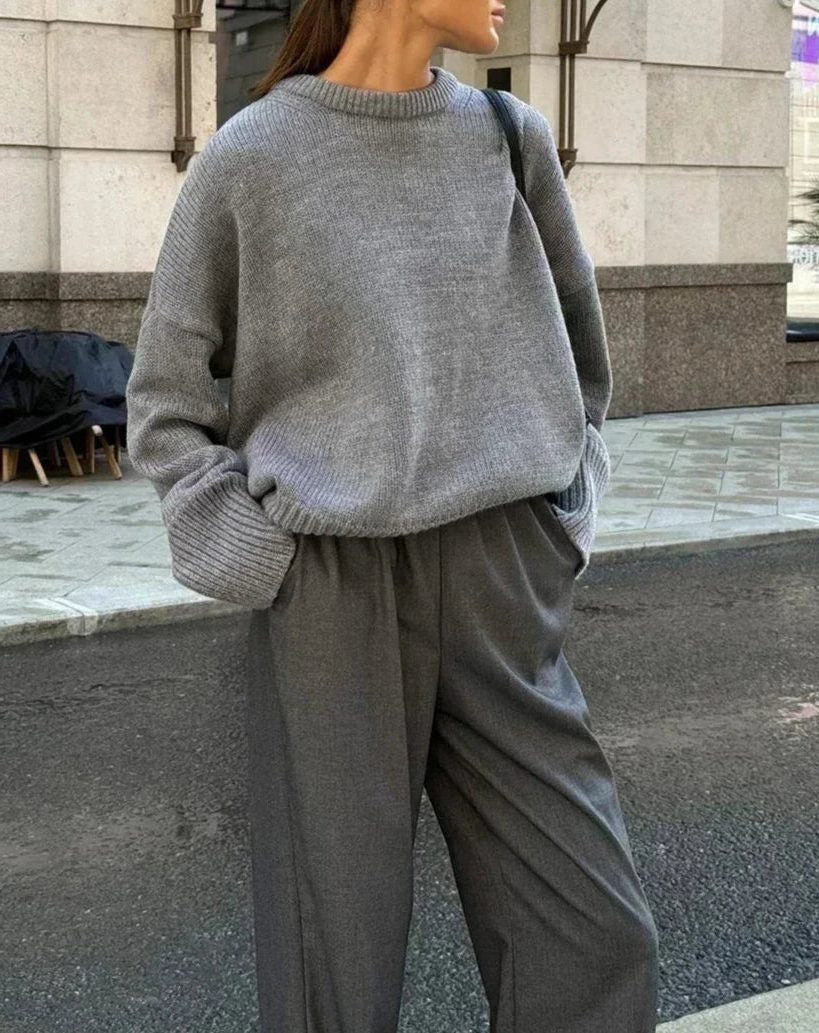 Oversized Crew-Neck Ribbed Jumper - Grey
