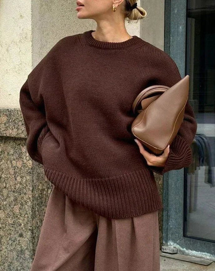 Oversized Crew-Neck Ribbed Jumper - Brown