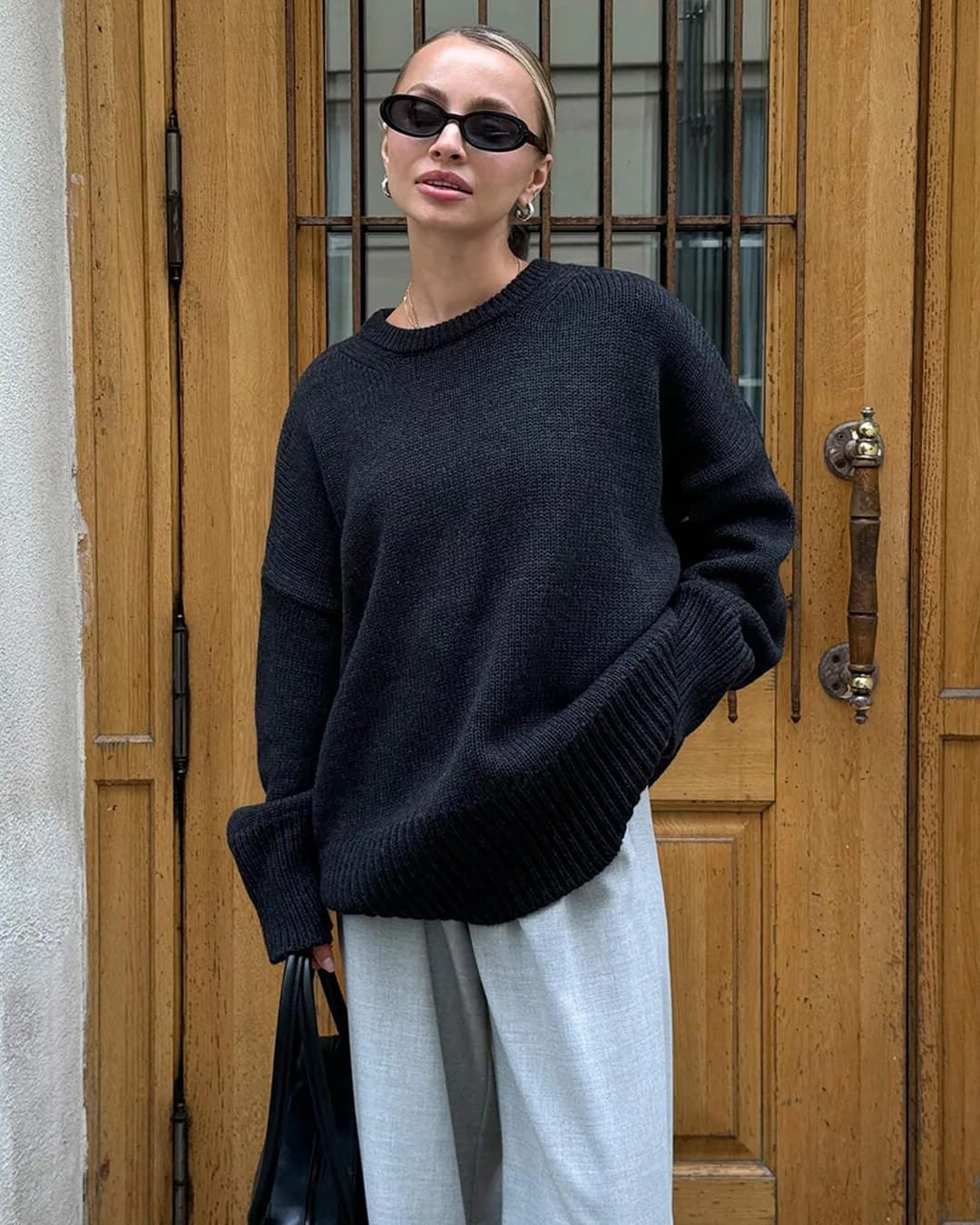 Oversized Crew-Neck Ribbed Jumper - Black