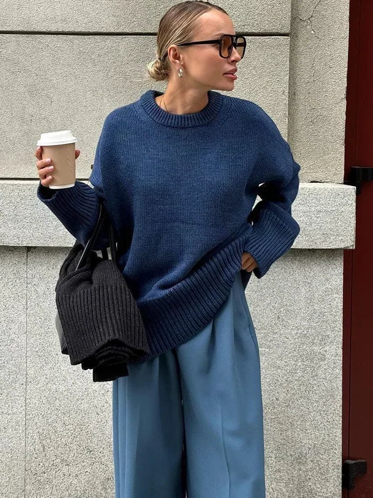 Oversized Crew-Neck Ribbed Jumper - Blue