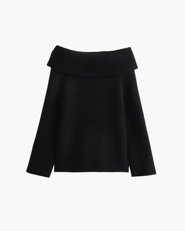 Off-Shoulder Jumper with Foldover Neckline - Black