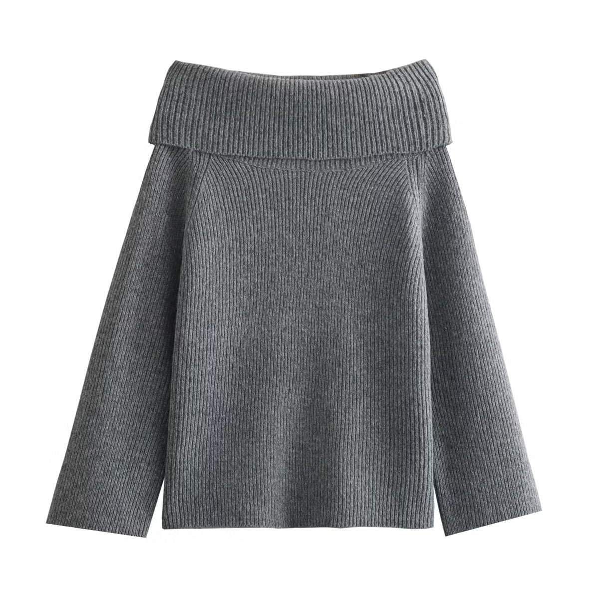 Off-Shoulder Jumper with Foldover Neckline - Grey