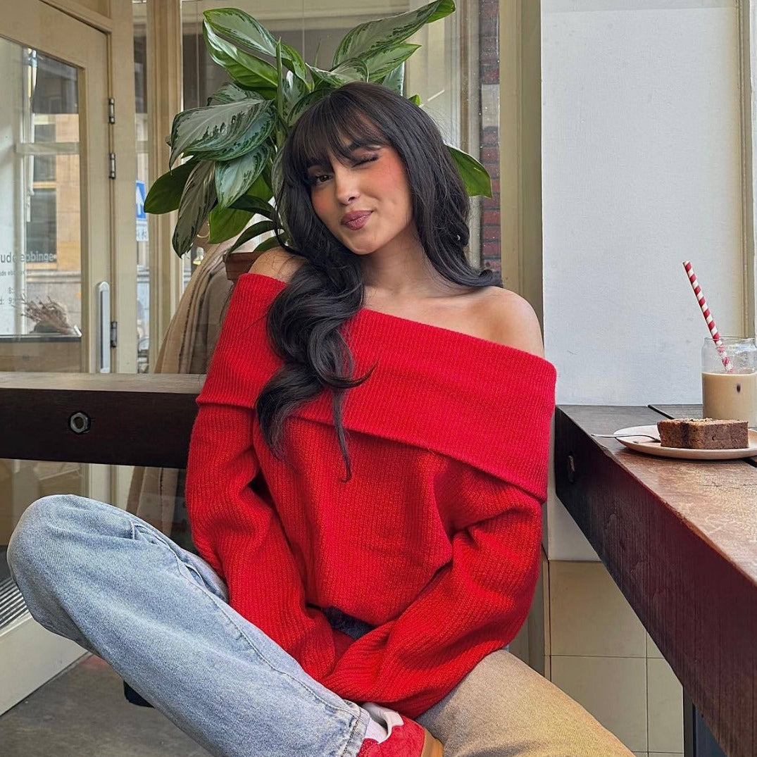 Off-Shoulder Jumper with Foldover Neckline - Red