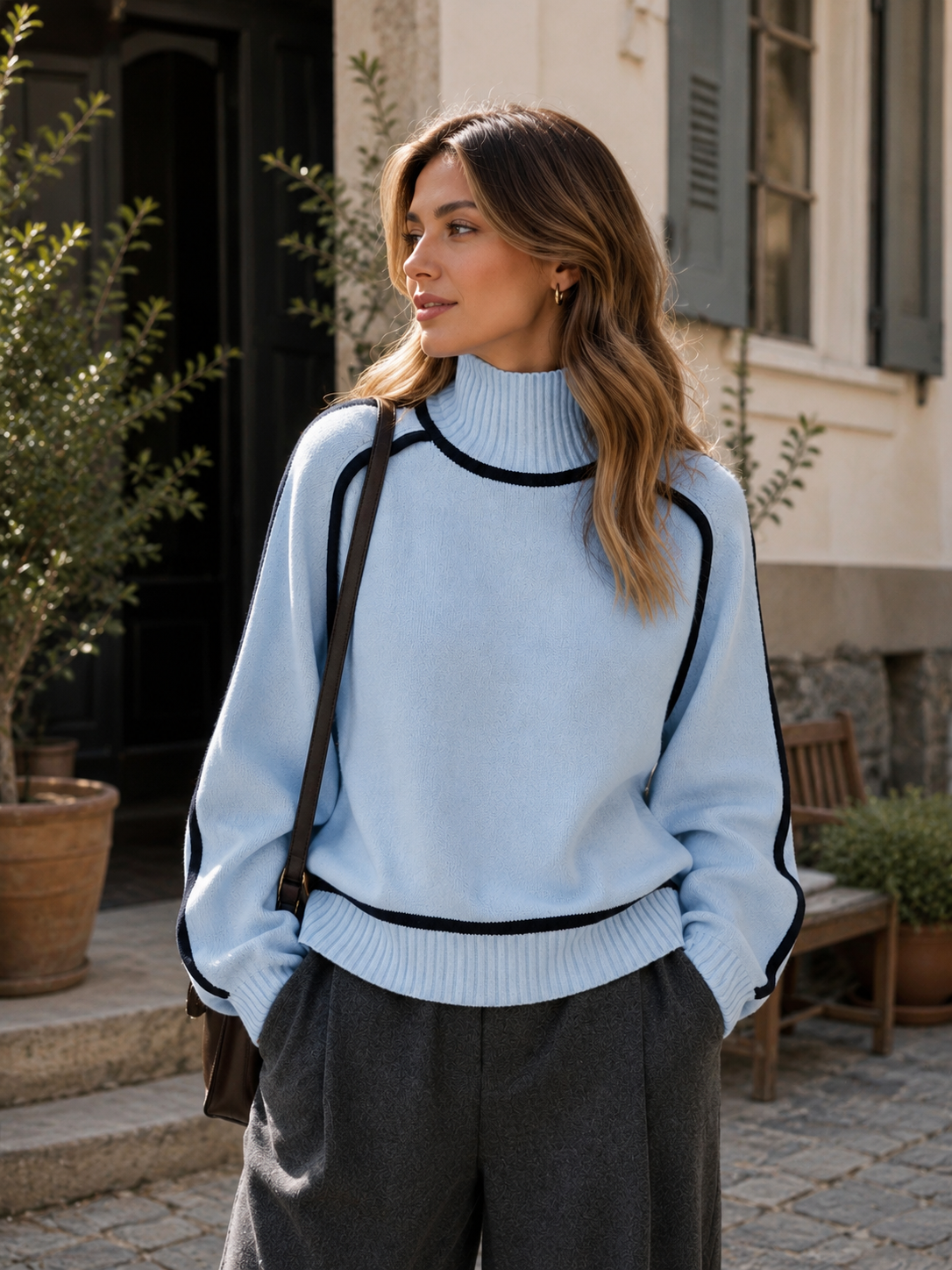 Oversized Roll-Neck Jumper with Contrast Piping - Light Blue