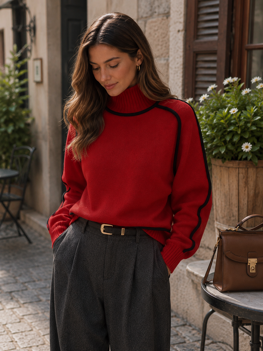 Oversized Roll-Neck Jumper with Contrast Piping - Red