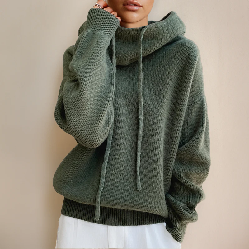 Oversized Knitted Hoodie with Drawstrings - Green