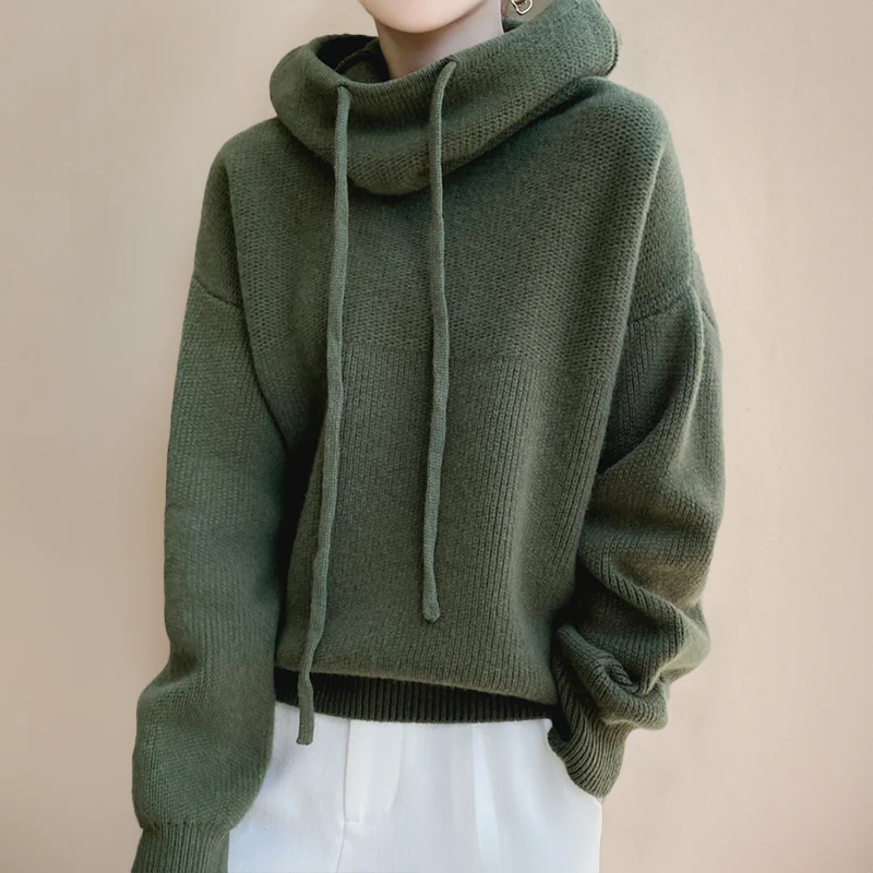 Oversized Knitted Hoodie with Drawstrings - Green