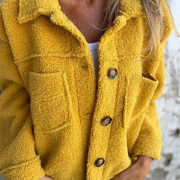 Teddyjacke mit Brusttaschen und Knopfleiste für Damen - Gelb