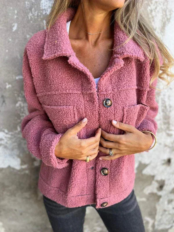 Teddyjacke mit Brusttaschen und Knopfleiste für Damen - Rosa