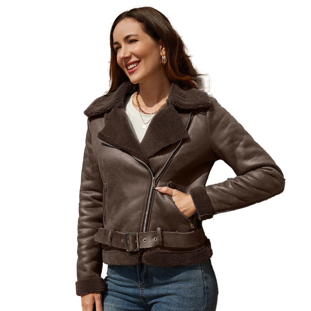 Lammfelljacke aus Imitat mit Gürtel und Teddyfutter für Damen