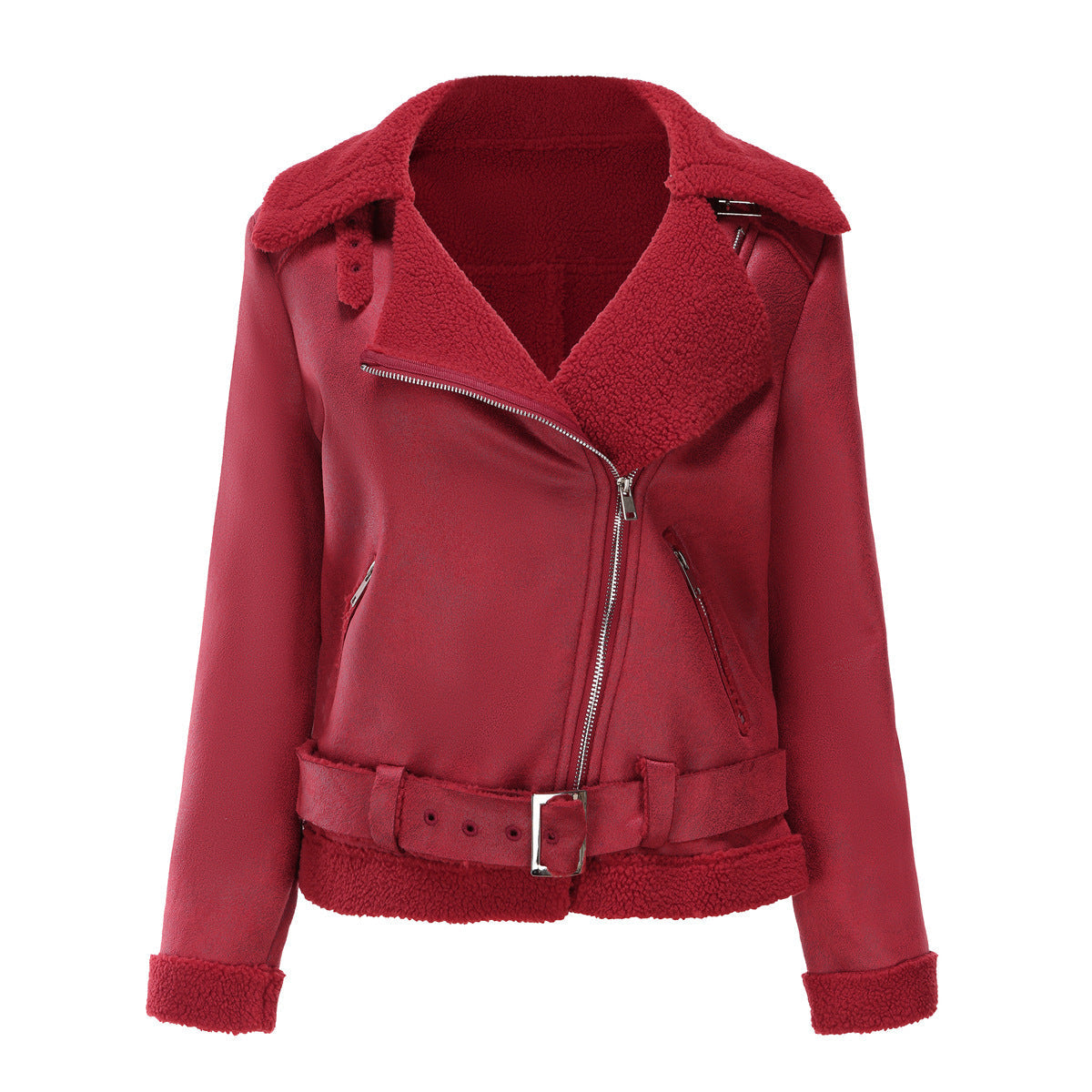 Lammfelljacke aus Imitat mit Gürtel und Teddyfutter für Damen