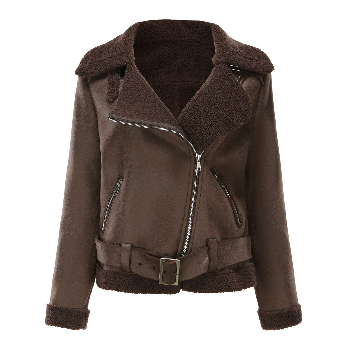 Lammfelljacke aus Imitat mit Gürtel und Teddyfutter für Damen