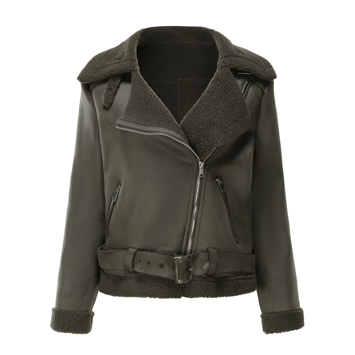 Lammfelljacke aus Imitat mit Gürtel und Teddyfutter für Damen