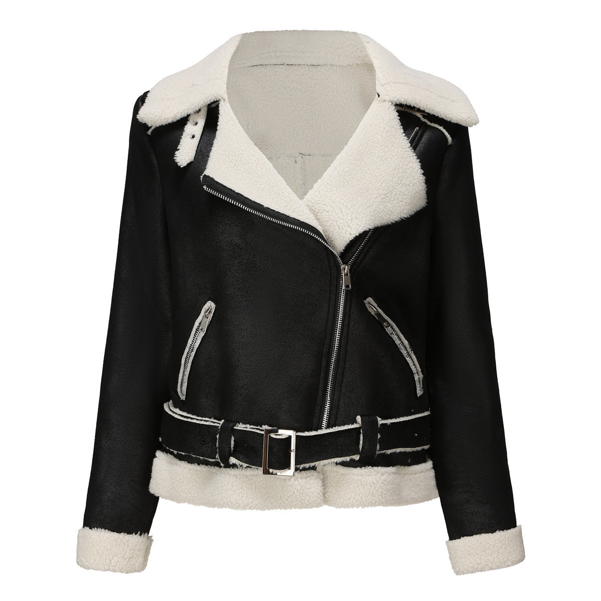 Lammfelljacke aus Imitat mit Gürtel und Teddyfutter für Damen